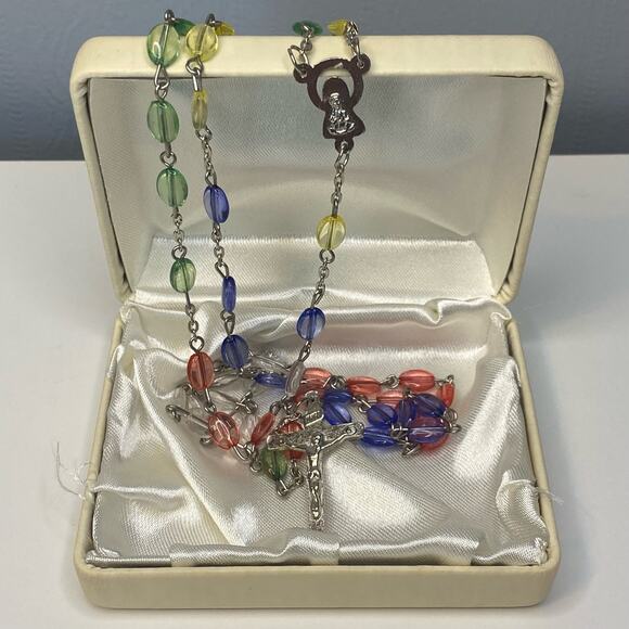 INRI ITALY Vintage Rosary Multi Color Beads Silvertone Necklace Prayer - Picture 2 of 9